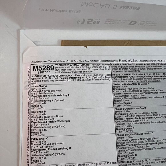 McCalls Crafts Pattern M5289 Toddlers Animal Chairs Kitten Bear Puppy 2006 UNCUT - Picture 9 of 9